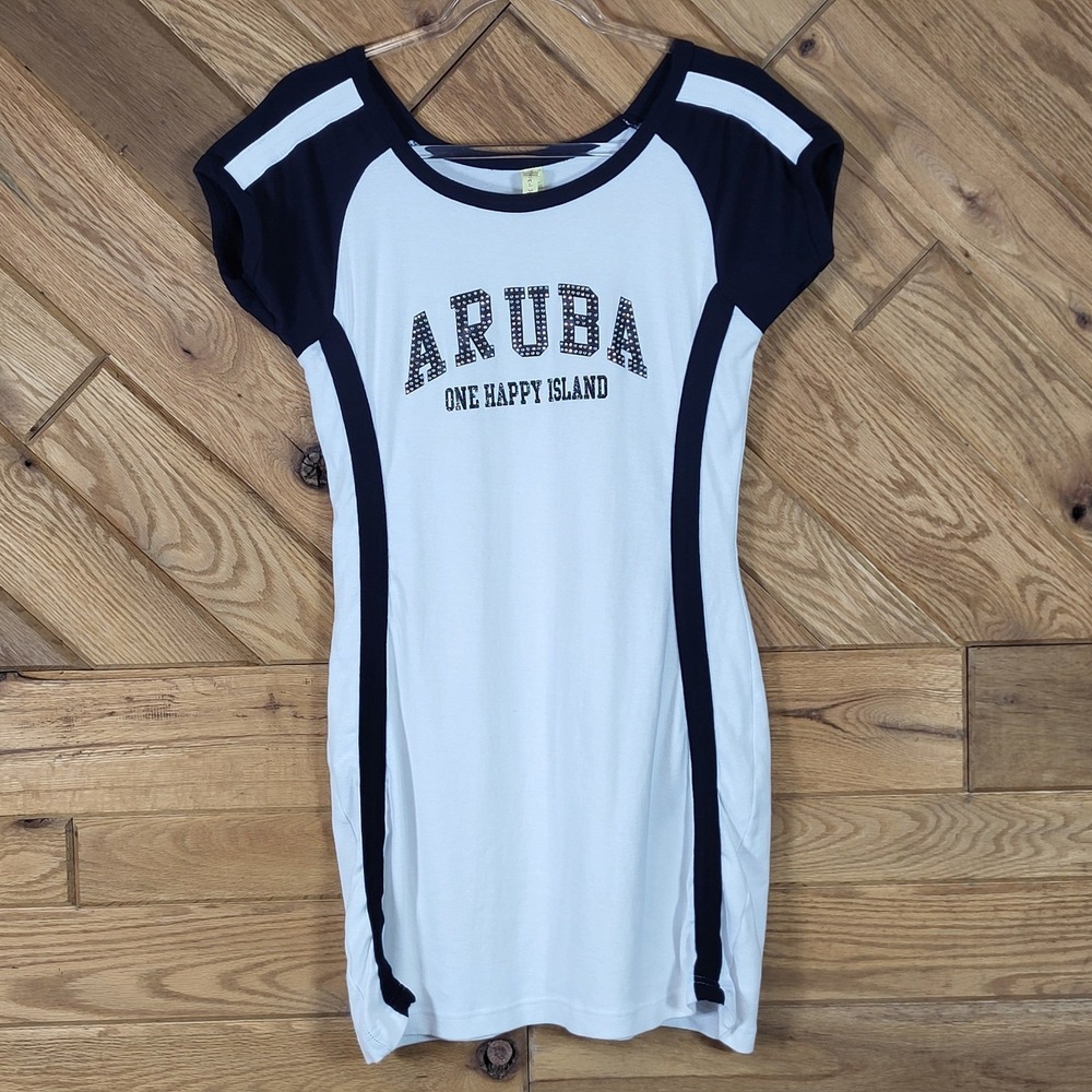 Tropical World Aruba Souvenir Dress Women XL Rhinestone Graphic White Navy Blue
